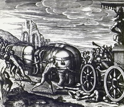 Gläubige werden während der Prozession des Idols von einem Wagen zerquetscht, von Theodor de Bry, Stich von Theodore de Bry