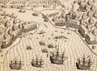 Ankunft der Niederländer auf der Insel Madura, Java, Gravur aus dem Werk India Orientalis, von Theodor de Bry von Theodore de Bry