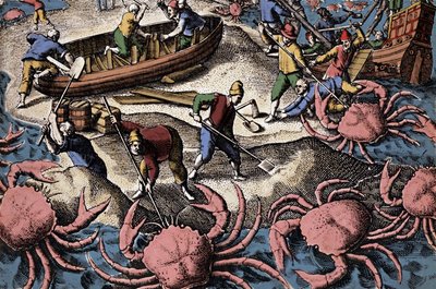 Europäische Seefahrer kämpfen gegen große Krabben. Gravur aus „Petites voyages aux Indes Orientales“ von Theodore de Bry von Theodore de Bry