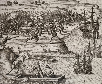 Kampf zwischen Christoph Kolumbus und Francesco Poresio in Jamaika, Stich von Theodor de Bry (1528-1598) von Theodore de Bry
