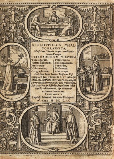 Frontispiz mit Vignetten von Wissenschaftlern innerhalb von Rahmen von Theodore de Bry