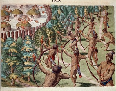 Geschichte Amerikas: „Ein Indianerstamm greift nachts ein Dorf in Florida an“ Gravur aus „Admirante Narratio Americae“ von Theodore de Bry (1528-1598) von Theodore de Bry
