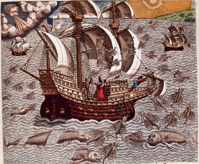 Geschichte Amerikas: „Reise spanischer Karavellen umgeben von fliegenden Fischen“ Bericht über die Reisen von Hans Staden, einem deutschen Entdecker, der mit den spanischen Flotten nach Brasilien reiste und von den Tupinamba-Indianern gefangen genommen wur von Theodore de Bry