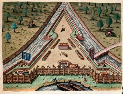 Geschichte Amerikas: „Leben von Fort Carolina, Bastion von Carolina“ „Gravur aus „Admirante Narratio Americae““ von Theodore de Bry (1528-1598) nach einer Zeichnung von Jacques le Moyne (de Morgues) (1533-1588) von Theodore de Bry