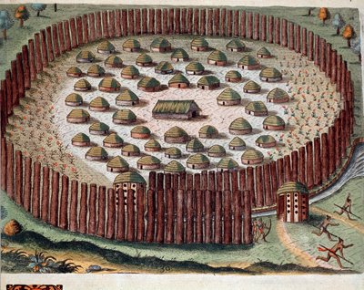 Geschichte Amerikas: „Darstellung eines befestigten Indianerdorfes in Florida“ Gravur aus „Admirante Narratio Americae“ von Theodor de Bry (1528-1598) von Theodore de Bry