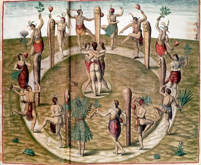 Ritualtanz zur Feier der Freundschaft. Gravur von Theodore de Bry (1528-1598). 16. Jahrhundert. Vincennes, Historisches Marinemuseum von Theodore de Bry