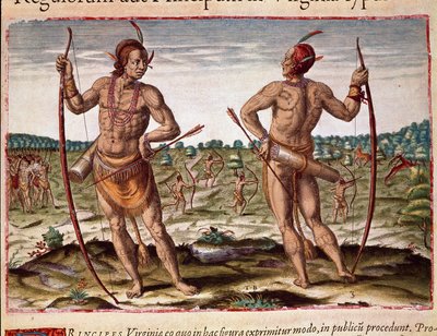 Zwei Einwohner von Virginia, Indianerwaffen mit Pfeilen und Bogen. Gravur aus „Admirante Narratio Americae“ von Theodore de Bry (1528-1598) von Theodore de Bry