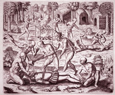 Geschichte Amerikas: Beschreibung der von den Indianern an spanischen Siedlern verübten Folterungen, Gold in ihre Münder gießen und ihre Glieder abschneiden, um sie zu essen (Gravur) von Theodore de Bry