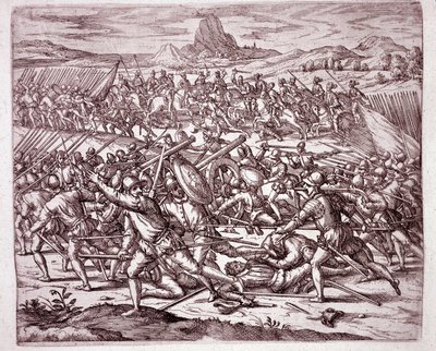 Geschichte Amerikas: Kämpfe zwischen den Armeen von Vaca de Castro und Almagro junior nach dem Tod von Francisco Pizarro und Diego de Almagro (Gravur) von Theodore de Bry