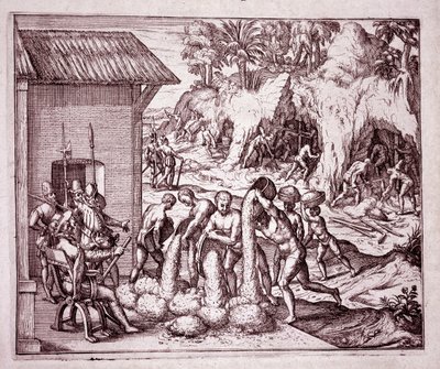 Geschichte Amerikas: Die Spanier nutzen die Goldminen aus (Gravur) von Theodore de Bry