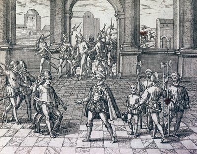 Inka-Kaiser Atahualpa wird von Spaniern in Cajamarca, Peru, gefangen genommen, Stich aus American History von Theodore de Bry, Frankfurt von Theodore de Bry