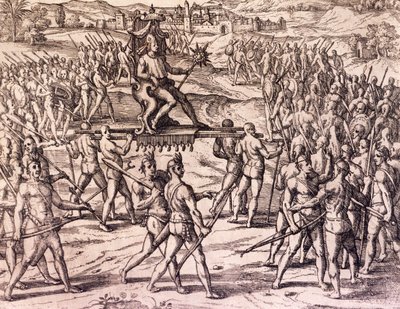 Inka-Kaiser Atahualpa wird von Francisco Pizarros spanischen Truppen besiegt, Peru, Gravur aus der Amerikanischen Geschichte von Theodor de Bry von Theodore de Bry