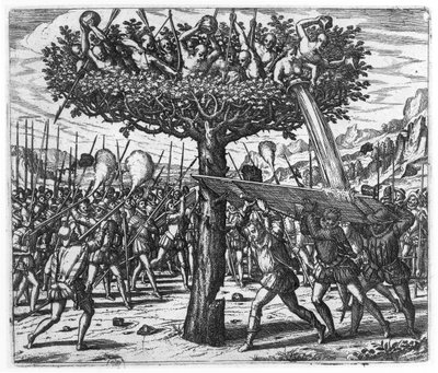Indianer auf einem Baum, die Projektile auf die Spanier werfen von Theodore de Bry