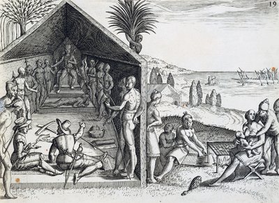König empfängt europäische Besucher, Kap Lopez, Gabun, Stich aus India orientalis von Theodor de Bry, Afrika von Theodore de Bry