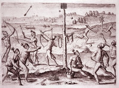 Ureinwohner Amerikas üben Laufen, Pfeilschießen und Ballwerfen in Florida (Gravur) von Theodore de Bry