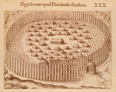 Einheimisches Dorf in Florida, Illustration aus The Discourse of Florida von Theodore de Bry von Theodore de Bry