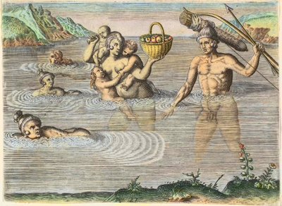 Eingeborene in Florida: eine Familie schwimmt von einer Insel zur anderen. Aus „Americae“, Teil II von Theodore de Bry