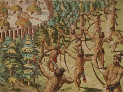 Nachtangriff auf ein Indianerdorf mit brennenden Pfeilen von Theodore de Bry
