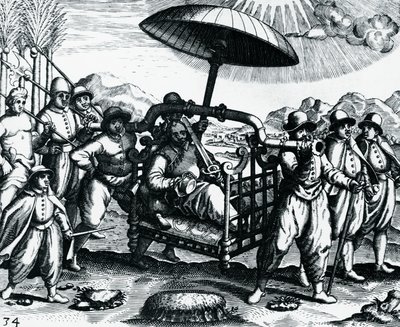 Portugiesen in Indien, auf einer Sänfte transportiert von Theodore de Bry