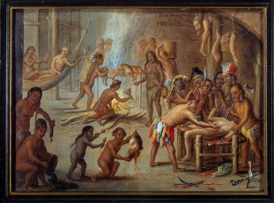 Szene des Kannibalismus in Brasilien im Jahr 1644 von Theodore de Bry