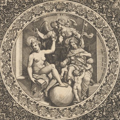 Szene mit Misericordia und Veritas in einem Kreis in der Mitte, 1580-1600 von Theodore de Bry