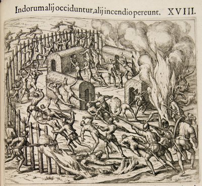 Einige Indianer werden getötet, einige sterben in einem Feuer. Aus: Americae pars quarta von Theodore de Bry