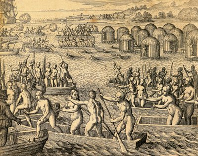 Südamerikanische Ureinwohner greifen die Schiffe der Eroberer an von Theodore de Bry