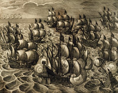 Spanische Armada unter dem Kommando von Rodrigo Mendoza, Stich von Theodore de Bry, aus History of America von Theodore de Bry, Spanien, 1602 von Theodore de Bry