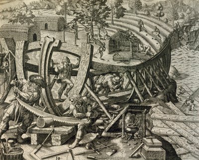 Spanische Seeleute bauen eine Karavelle, Gravur aus Historia Americae, von Theodor de Bry von Theodore de Bry