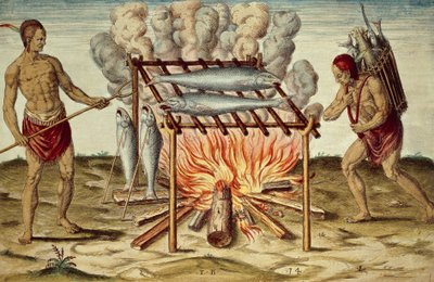 Taino-Eingeborene beim Fischkochen, Farbstich von Theodor de Bry aus dem Gemälde von John White, aus 