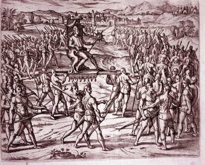 Der Inka-König Atahualpa (oder Atabaliba), der ein Zepter in Form einer Sonne hält, wird auf einer Sänfte getragen, um Francisco Pizarro zu treffen (Gravur) von Theodore de Bry