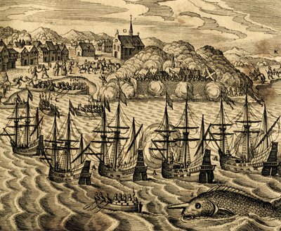 Ansicht des Hafens von Acapulco in Mexiko, Stich aus Historia Americae, von Theodor de Bry (1528-1598), Frankfurt von Theodore de Bry
