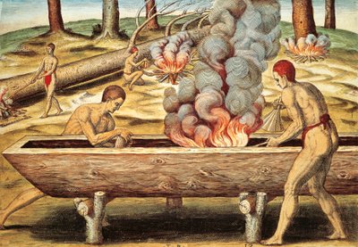 Virginia-Eingeborene bauen eine Piroge von Theodore de Bry