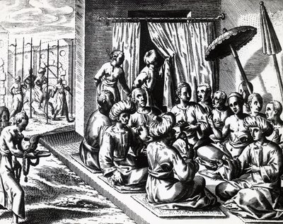 Hochzeitszeremonie in Bantam, Insel Java, von Theodor de Bry, Stich von Theodore de Bry