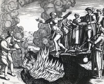 Frau wirft sich auf den Scheiterhaufen ihres Mannes, von Theodor de Bry (1528-1598), Stich von Theodore de Bry