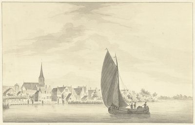 Das Dorf Gouderak mit einem segelnden Schiff im Vordergrund von Theodorus Cornelis Schutter