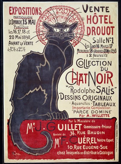 Werbeplakat zur Ankündigung des Verkaufs der Sammlung Cat Noir und Werke von Rodolphe Salis im Hotel Drouot 1898, Illustration von Theophile Alexandre Steinlen von Théophile Alexandre Steinlen