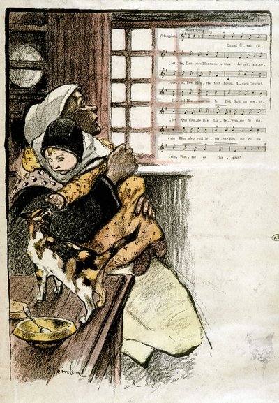 Kind in den Armen einer Frau, die mit einer Katze spielt, Illustration von Steinlen für Notenblatt, 19. Jahrhundert von Théophile Alexandre Steinlen