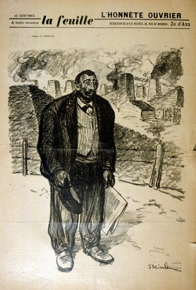 Zeichnung eines armen Fabrikarbeiters vor einer Industrielandschaft, von Alexandre Steinlen (1859-1923), einem schweizerisch-französischen Jugendstilmaler und Druckgrafiker von Théophile Alexandre Steinlen