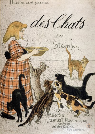 Mädchen bringt eine Milchschale zu Katzen - Umschlag „Katzen“ von Steinlen, 19. Jh. von Théophile Alexandre Steinlen