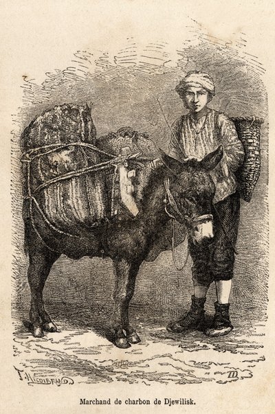Ein Kohlenhändler mit seinem Esel in Djewilisk (Nordanatolien), graviert nach einer Zeichnung des Erzählers, zur Illustration einer Reise in Lazistan und Armenien, 1869, von Theophile Deyrolle, veröffentlicht in „Le tour du monde“ 1875, herausgegeben von E von Theophile Louis Deyrolle