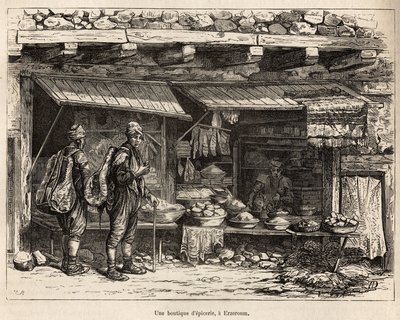 Ein Lebensmittelgeschäft in Erzeroum (Armenien), graviert nach einer Zeichnung des Autors, die die Reise in Lazistan und Armenien von Theophile Deyrolles in 1869 illustriert, veröffentlicht in "Le tour du monde" 1875, herausgegeben von Edouard Charton, Hac von Theophile Louis Deyrolle