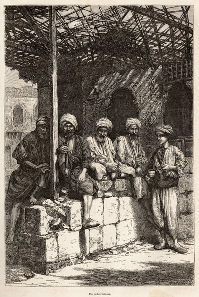 Ein armenisches Café, ein Ort der männlichen Geselligkeit, um Kaffee zu trinken und Pfeife zu rauchen, Gravur nach einer Zeichnung des Autors, die die Reise in Lazistan und Armenien von Theophile Deyrolles in 1869 illustriert, veröffentlicht in "Le tour du von Theophile Louis Deyrolle