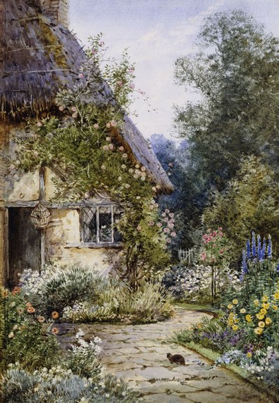 Ein Cottage-Garten mit einer Katze im Vordergrund; und eine Cottage-Grenze im Sommer von Theresa Sylvester Stannard