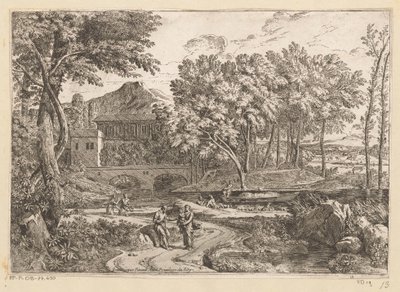 Arkadische Landschaft mit einer Ziegenherde am Wasser und einer Mutter mit Kind auf einem Weg mit weiteren Figuren von Théodore