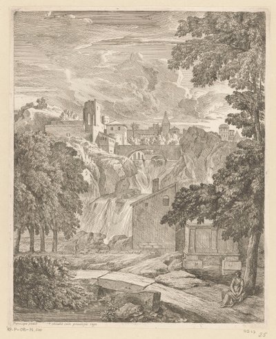 Arkadische Landschaft mit einem Wasserfall und einer Frau unter einem Baum von Théodore