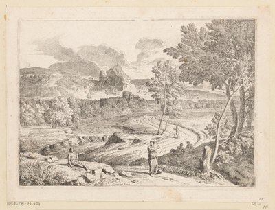 Arkadische Landschaft mit Figuren entlang eines Pfades an einem Strom von Théodore