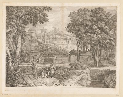 Arkadische Landschaft mit zwei Männern und einer Frau mit Früchten von Théodore