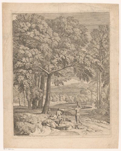 Arkadische Landschaft mit zwei Männern und einer Korb tragenden Frau von Théodore