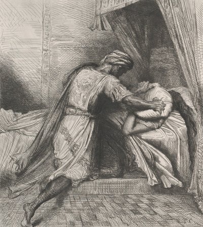 Er erstickt sie: Platte 13 aus Othello Akt 5, Szene 2, geätzt 1844, nachgedruckt 1900 von Théodore Chassériau